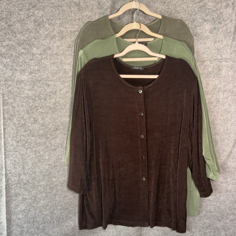 Vikki Vi Cardigan Top Womens 2X Green Brown Slinky Stretch - BUNDLE OF 3
